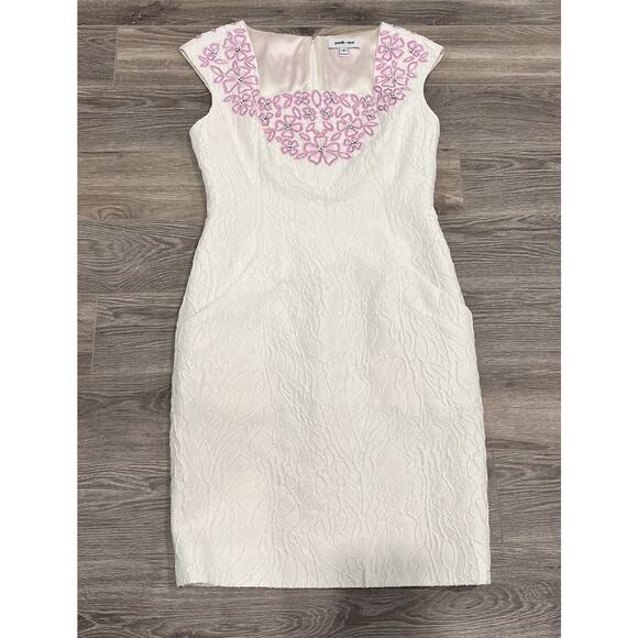 Pamella Roland White Beaded 100% Silk Made In The USA Size 4 Embossed Dress - Picture 7 of 14